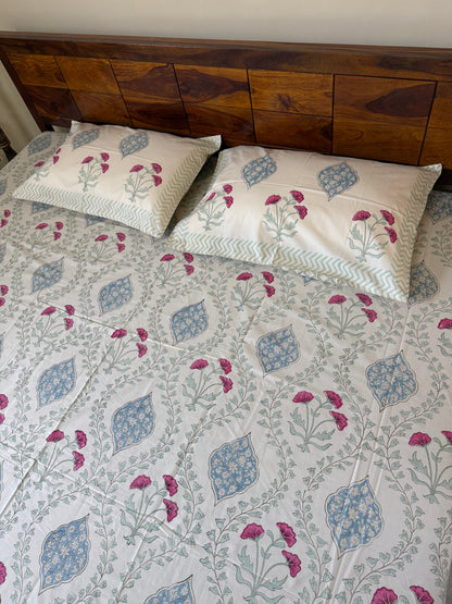 Blue Fern Harmony HandBlock King Size Bedsheet Set with 2 Pillow Covers (108”*108”)