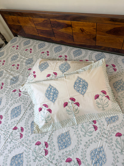 Blue Fern Harmony HandBlock King Size Bedsheet Set with 2 Pillow Covers (108”*108”)