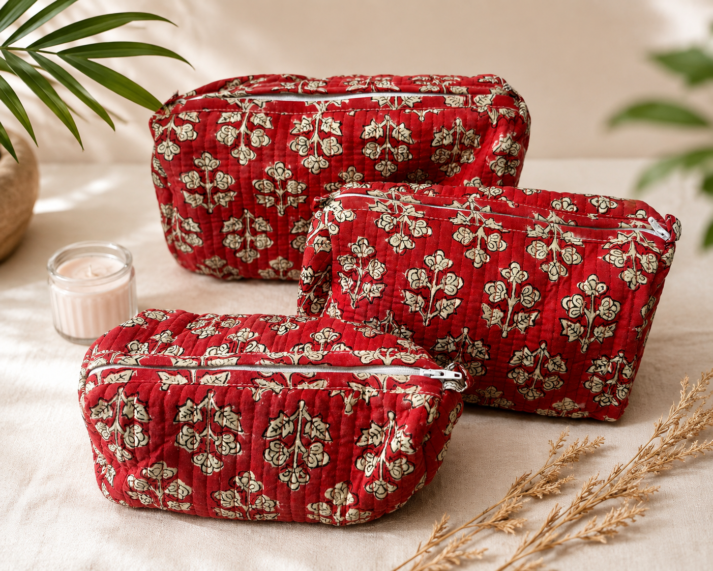 Maroon Floral Cotton Quilted Pouches (set of 3)