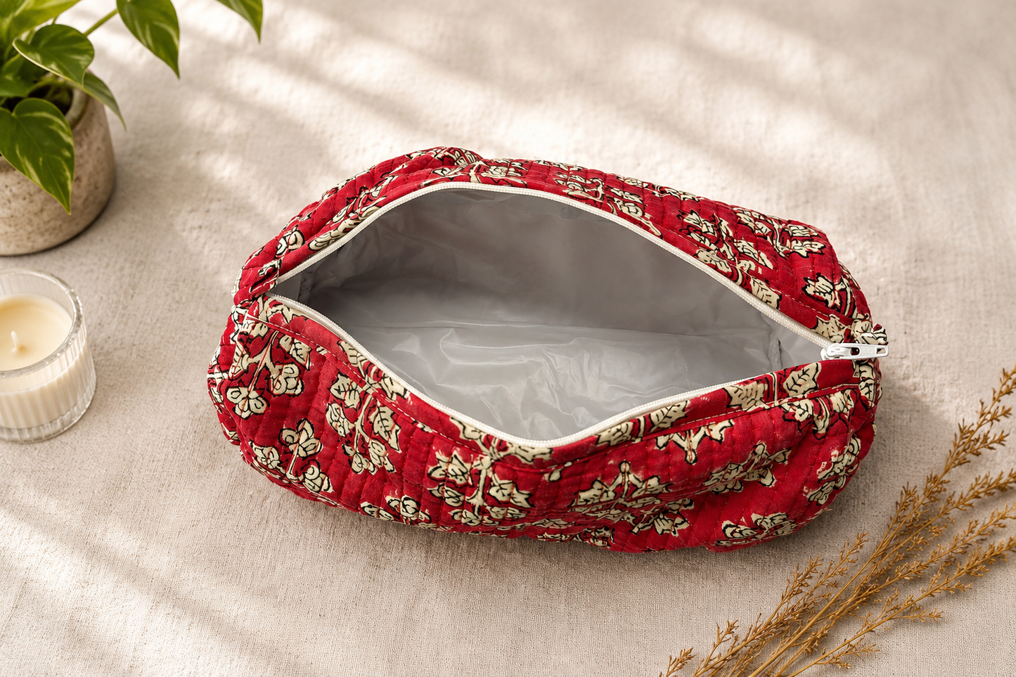 Maroon Floral Cotton Quilted Pouches (set of 3)