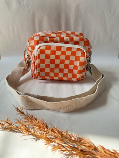Orange Checkered Cotton Canvas Multi-pocket Crossbody Sling – Travel Light, Stay Stylish