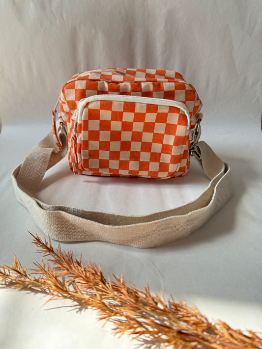 Orange Checkered Cotton Canvas Multi-pocket Crossbody Sling – Travel Light, Stay Stylish