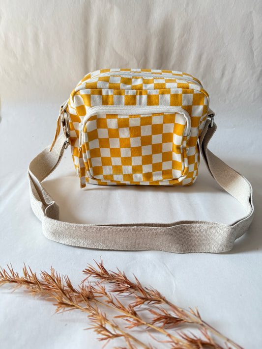 Yellow Checkered Cotton Canvas Multi-pocket Crossbody Sling – Travel Light, Stay Stylish