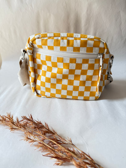 Yellow Checkered Cotton Canvas Multi-pocket Crossbody Sling – Travel Light, Stay Stylish