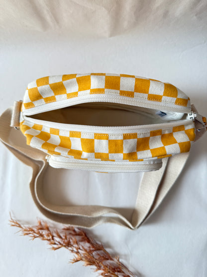 Yellow Checkered Cotton Canvas Multi-pocket Crossbody Sling – Travel Light, Stay Stylish