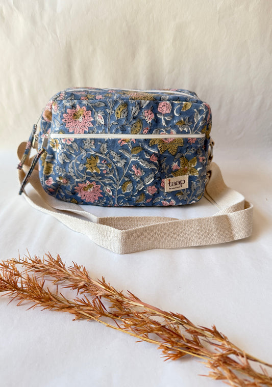 Dark Blue Floral Cotton Canvas Horizontal Sling with Front & Inside Pocket – Sleek, Secure & Always Ready
