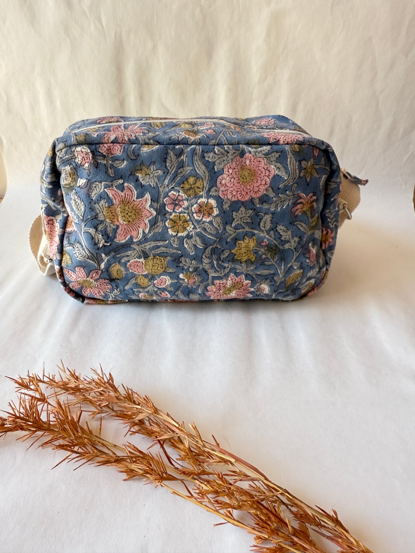 Dark Blue Floral Cotton Canvas Horizontal Sling with Front & Inside Pocket – Sleek, Secure & Always Ready