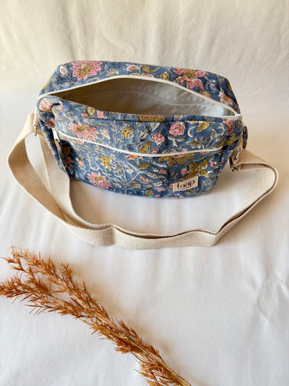 Dark Blue Floral Cotton Canvas Horizontal Sling with Front & Inside Pocket – Sleek, Secure & Always Ready