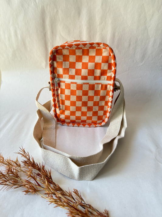 Orange Checkered Cotton Canvas Vertical Crossbody Sling – Travel Light, Stay Stylish