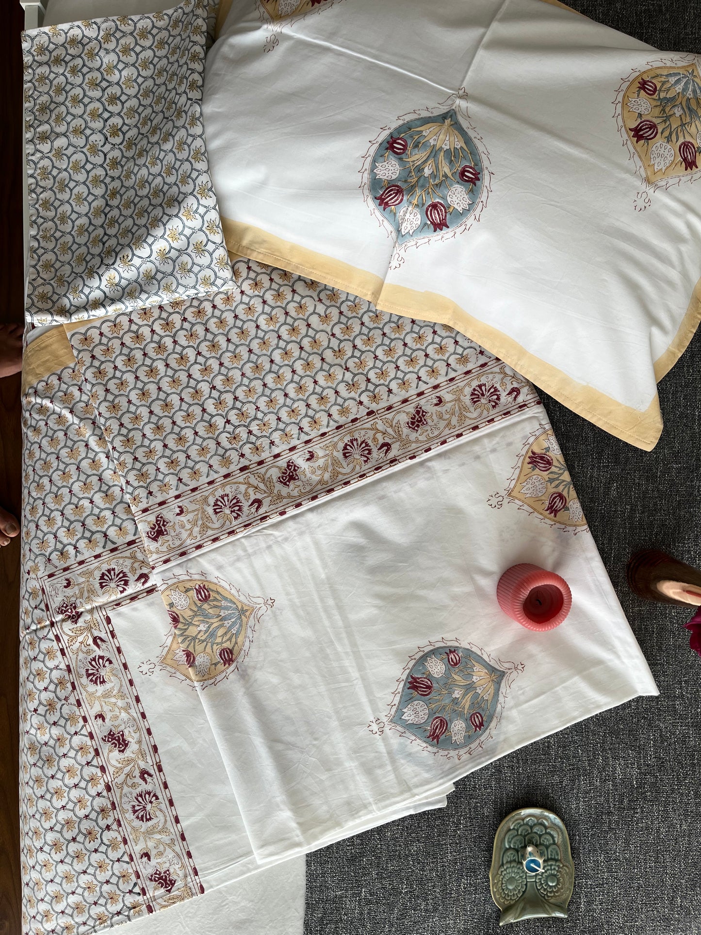 Mughal Bloom HandBlock King Size Bedsheet Set with 2 Pillow Covers (108”108”)