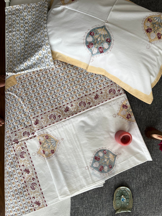 Mughal Bloom HandBlock King Size Bedsheet Set with 2 Pillow Covers (108”108”)
