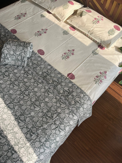 Grey Floral Screen Print Single Bed Dohar (60”*90”)