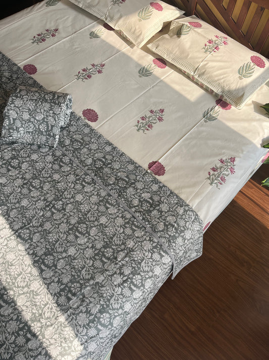 Grey Floral Screen Print Single Bed Dohar (60”*90”)