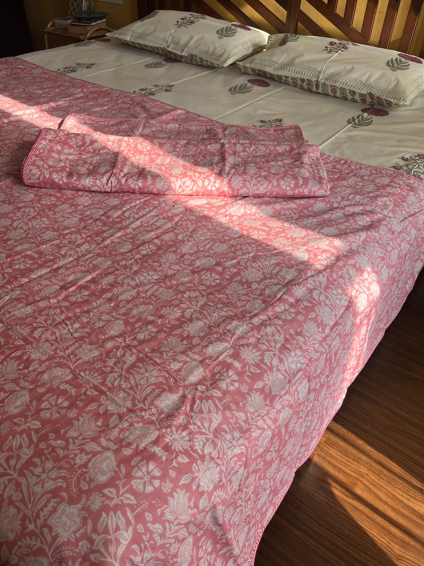 Pink Floral Screen Print Single Bed Dohar (60”*90”)
