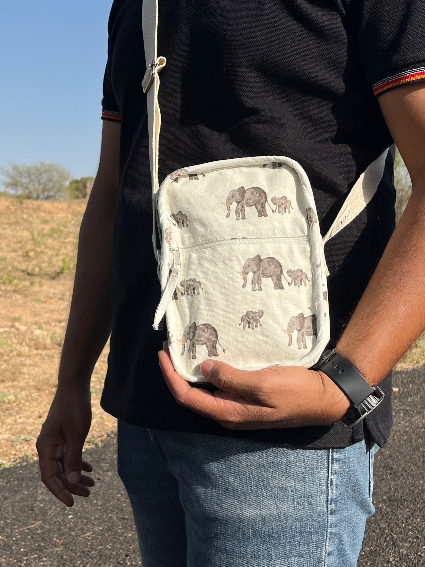 Elephant Cotton Canvas Vertical Crossbody Sling – Travel Light, Stay Stylish (White)