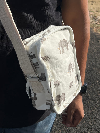 Elephant Cotton Canvas Vertical Crossbody Sling – Travel Light, Stay Stylish (White)