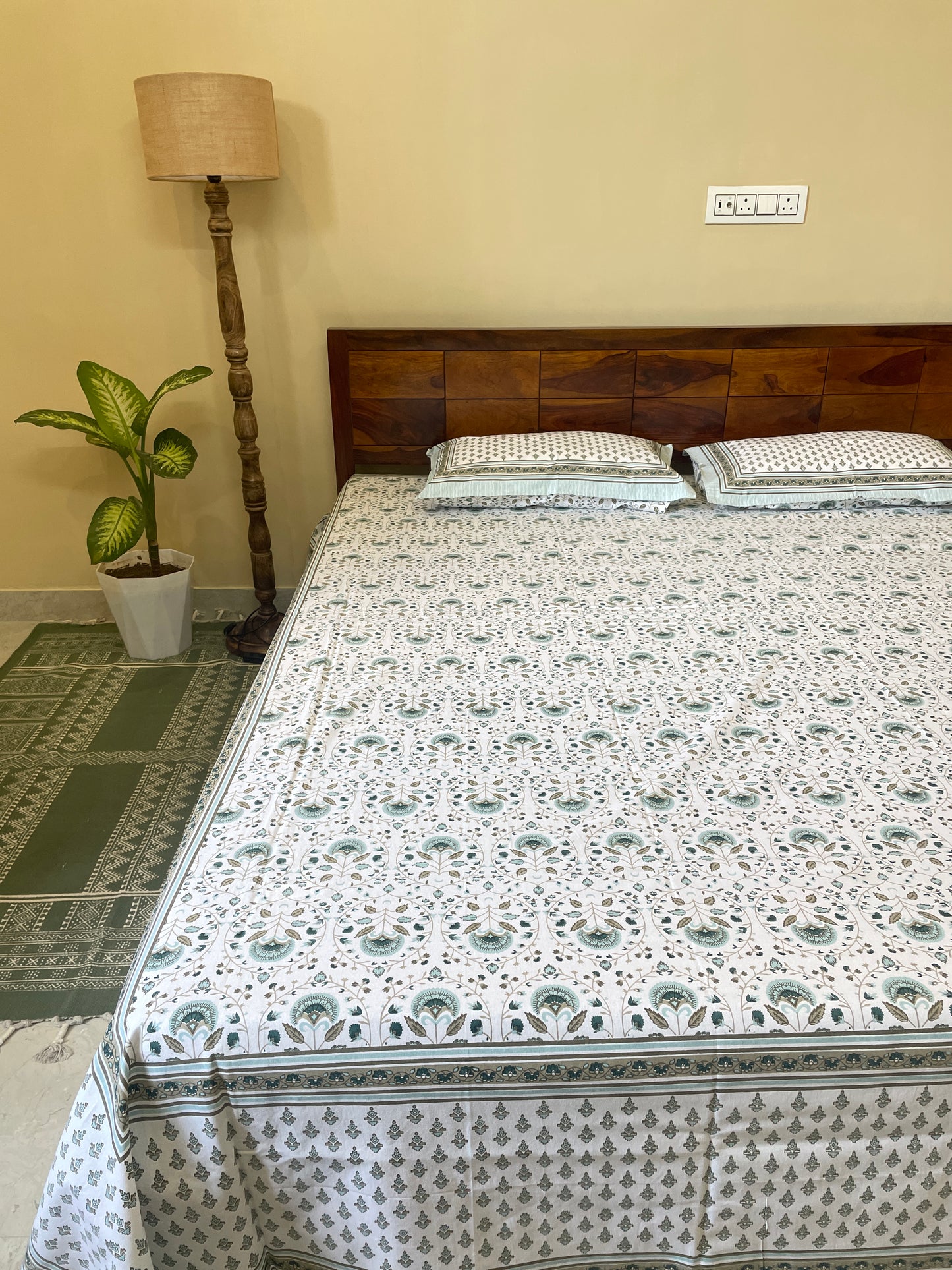Green Mughal Floral Pure Cotton King Size Bedsheet Set with 2 Pillow Covers (108”*108”)