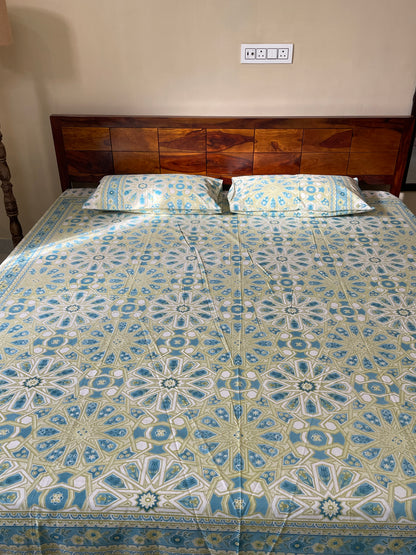 Turquoise Bloom Pure Cotton King Size Bedsheet Set with 2 Pillow Covers (108”*108”)