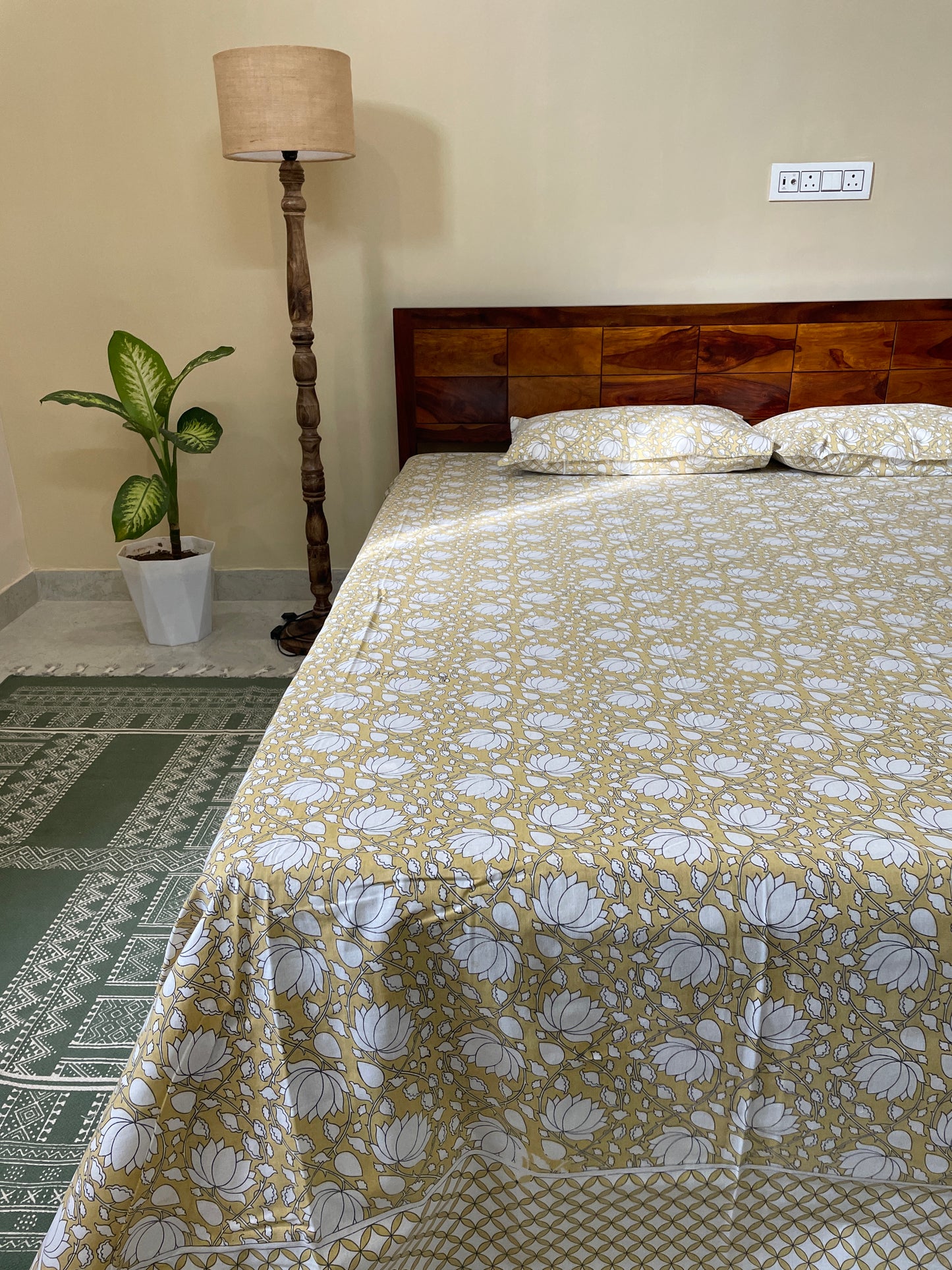 Lotus Blossom Pure Cotton King Size Bedsheet Set with 2 Pillow Covers (108”*108”)