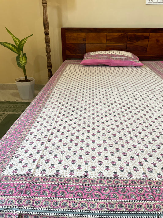 Pink Floral Single Bedsheet With 1 Pillow Cover (60”*90”)