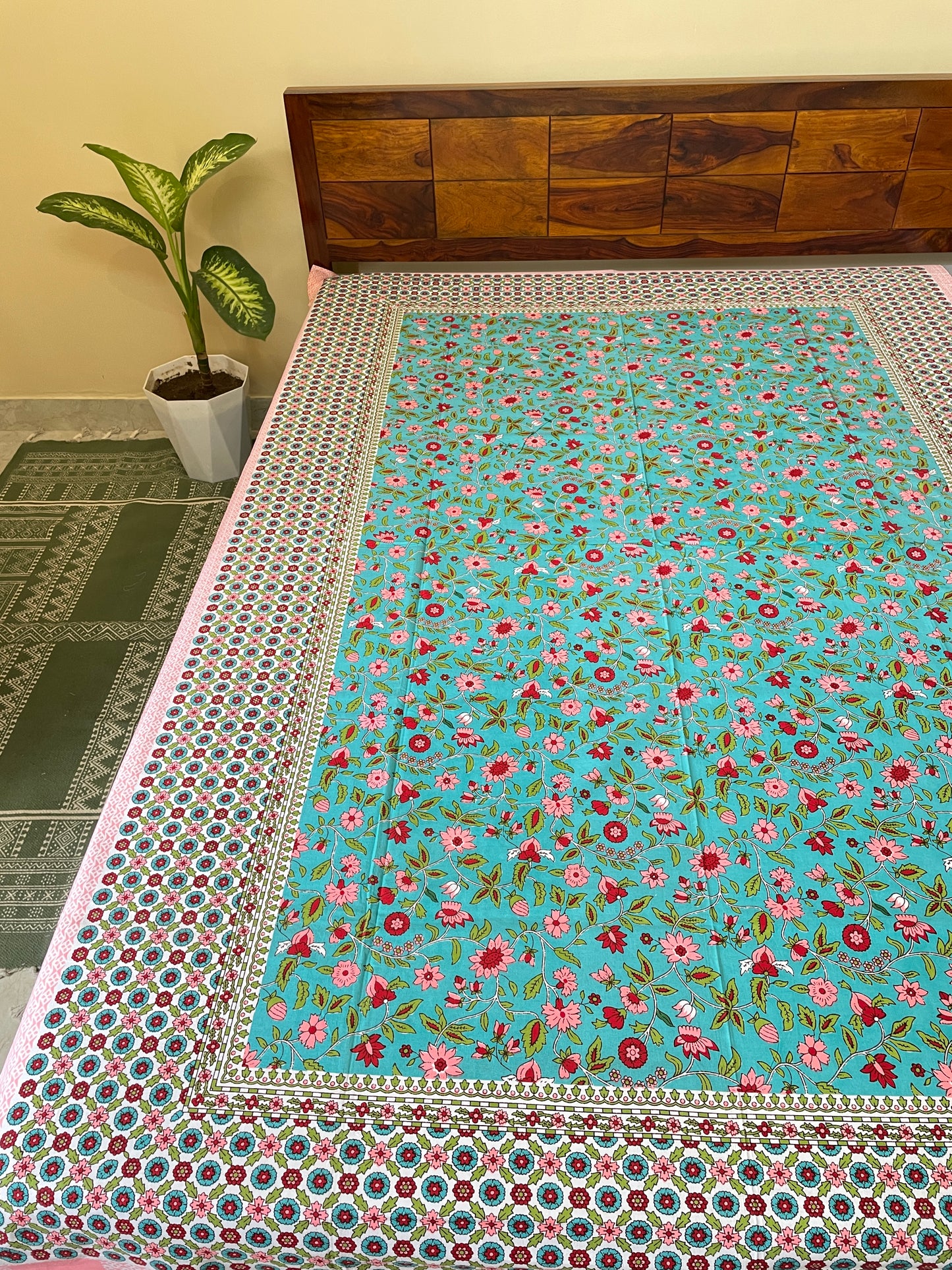 Teal Floral Single Bedsheet Without Pillow Cover (60”*90”)