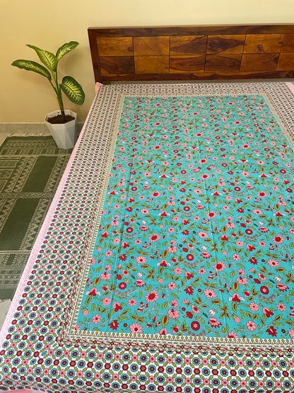 Teal Floral Single Bedsheet Without Pillow Cover (60”*90”)