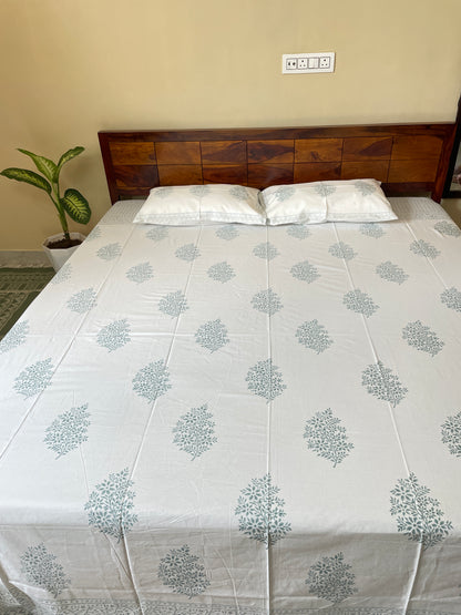 Grey Floral HandBlock King Size Bedsheet with 2 Pillow Covers (108”*108”)