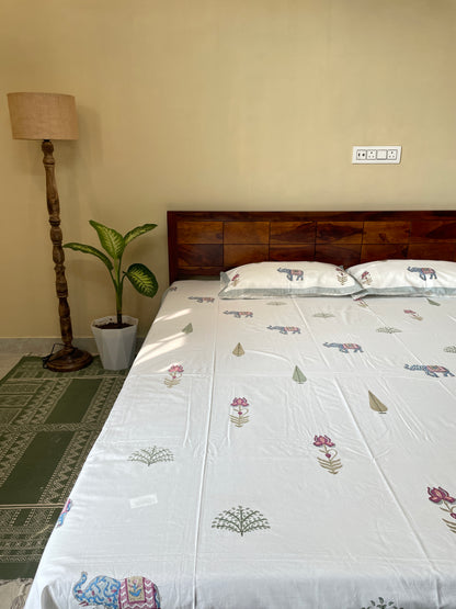 Elephant Garden HandBlock King Size Bedsheet with 2 Pillow Covers (108”*108”)