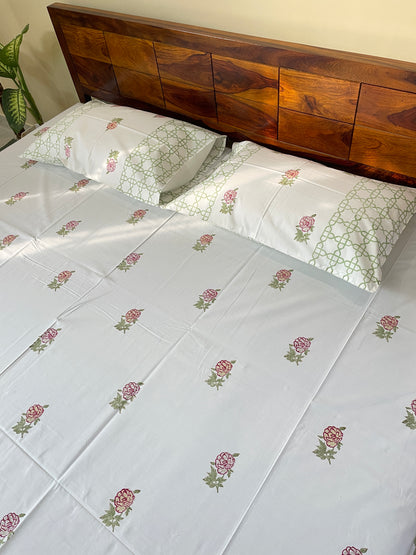 Rose HandBlock King Size Bedsheet with 2 Pillow Covers (108”*108”)