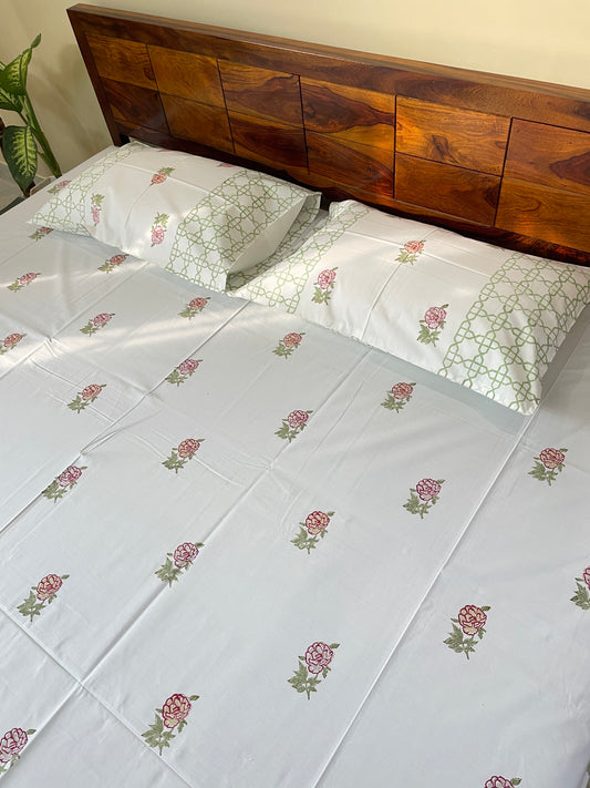 Rose HandBlock King Size Bedsheet with 2 Pillow Covers (108”*108”)