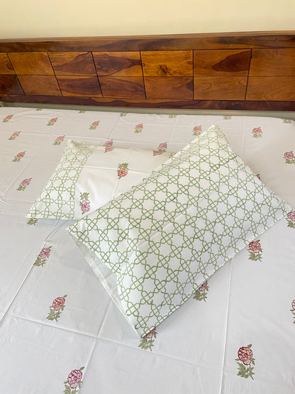 Rose HandBlock King Size Bedsheet with 2 Pillow Covers (108”*108”)