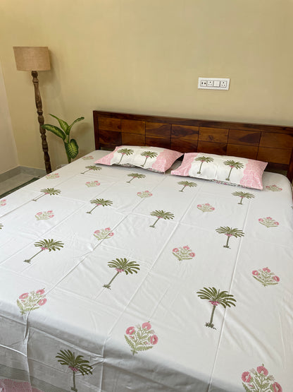 Oasis HandBlock King Size Bedsheet with 2 Pillow Covers (108”*108”)