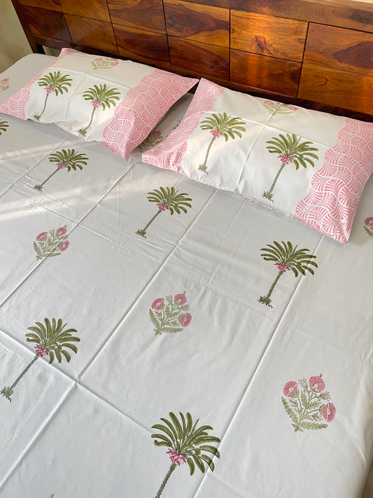 Oasis HandBlock King Size Bedsheet with 2 Pillow Covers (108”*108”)