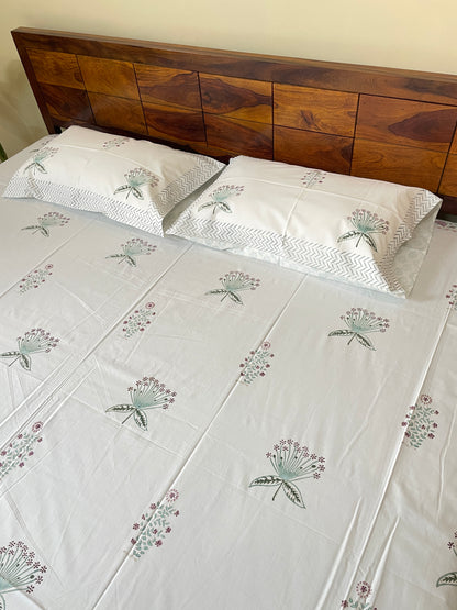 Lily HandBlock King Size Bedsheet with 2 Pillow Covers(108”*108”)