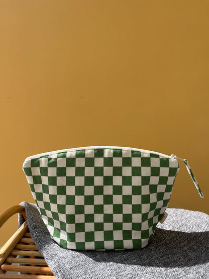 Green Checkered Cotton Canvas Big Pouch