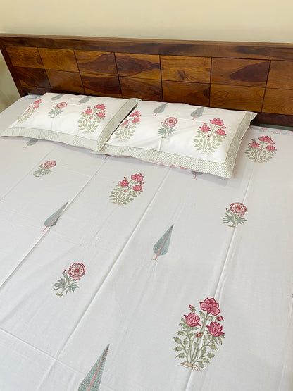 Teen Buta HandBlock King Size Bedsheet with 2 Pillow Covers (108”*108”)