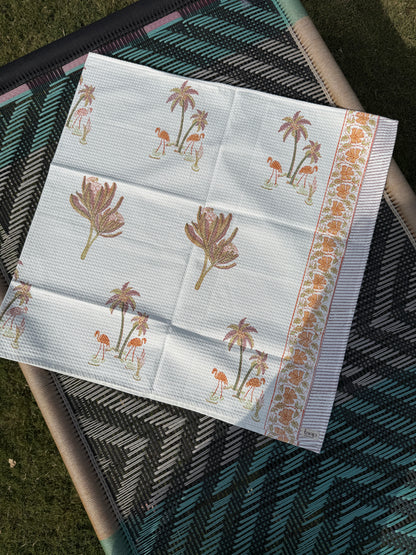 Flamingo Handblock Cotton Waffle Bath Towe Set ( 1 Bath Towel + 2 Hand Towel)