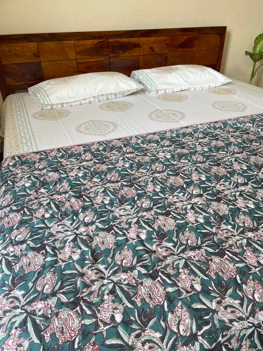 Jungle Floral Soft Mulmul Cotton Screen Printed Double Bed Dohars