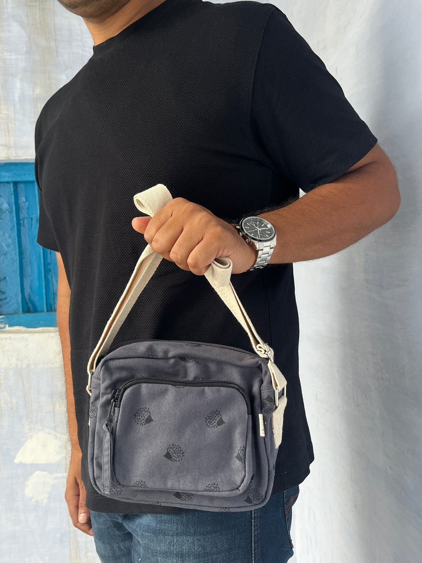 Dark Blue Cotton Canvas Multi-pocket Crossbody Sling – Travel Light, Stay Stylish