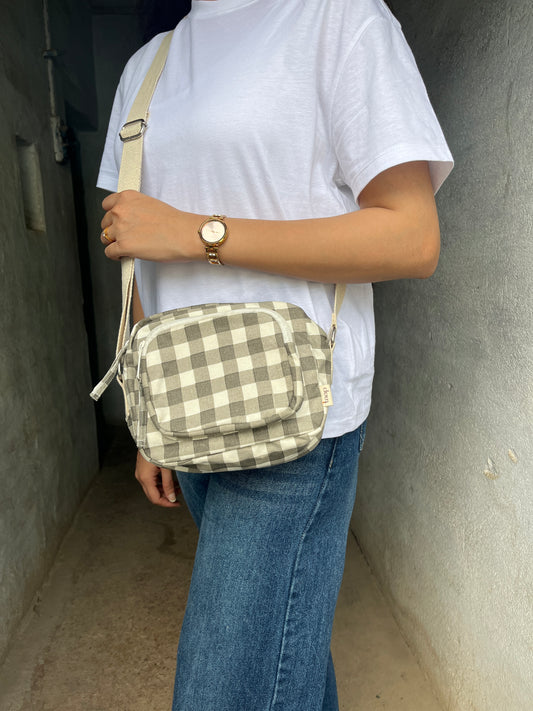 Grey Checkered Cotton Canvas Multi-pocket Crossbody Sling – Travel Light, Stay Stylish