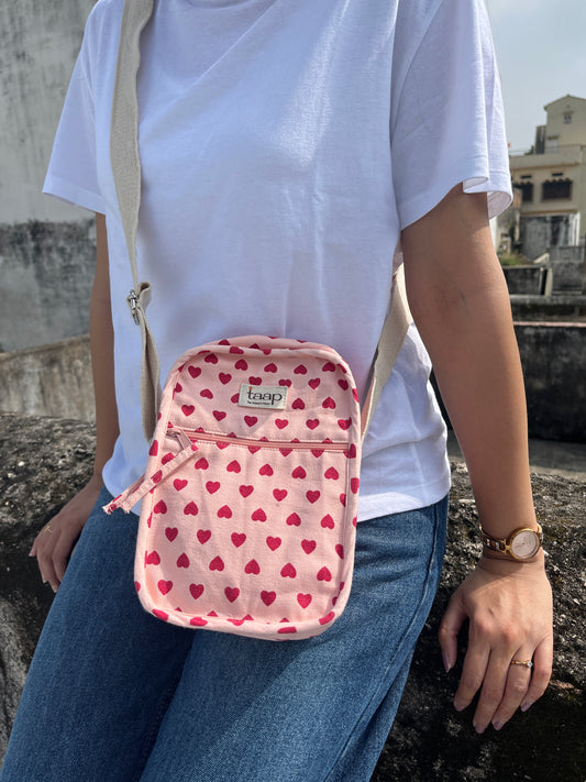 Pink Heart Cotton Canvas Vertical Crossbody Sling – Travel Light, Stay Stylish