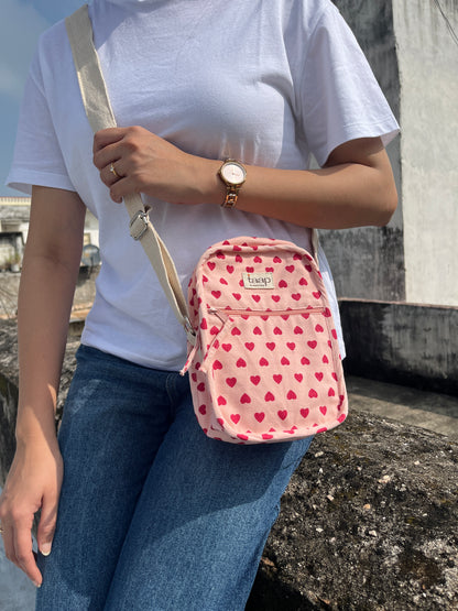 Pink Heart Cotton Canvas Vertical Crossbody Sling – Travel Light, Stay Stylish