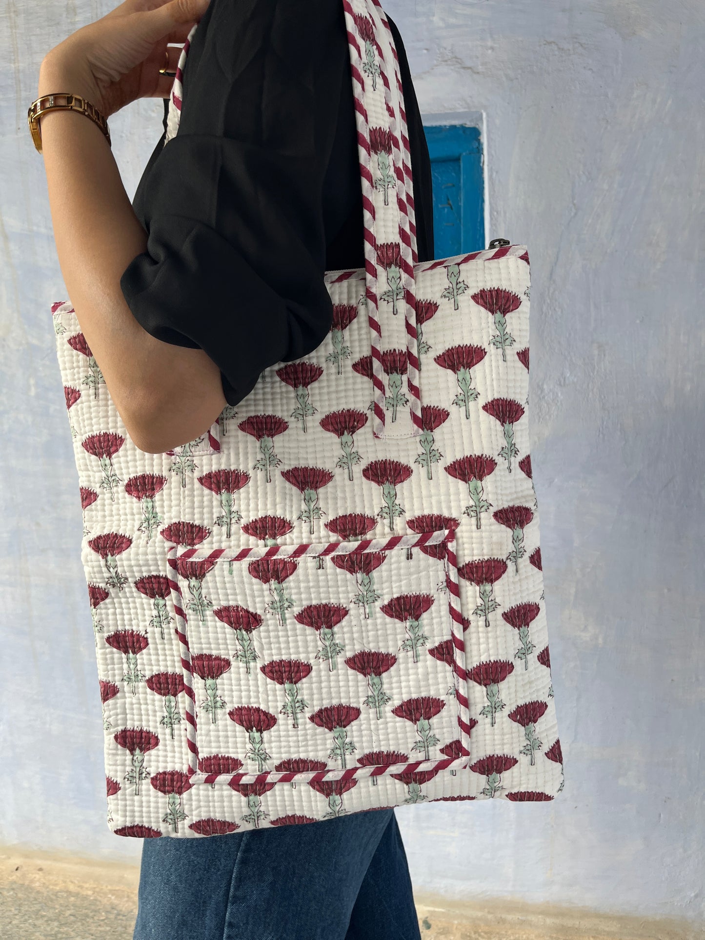Roselle Vertical Cotton Quilted Tote Bag