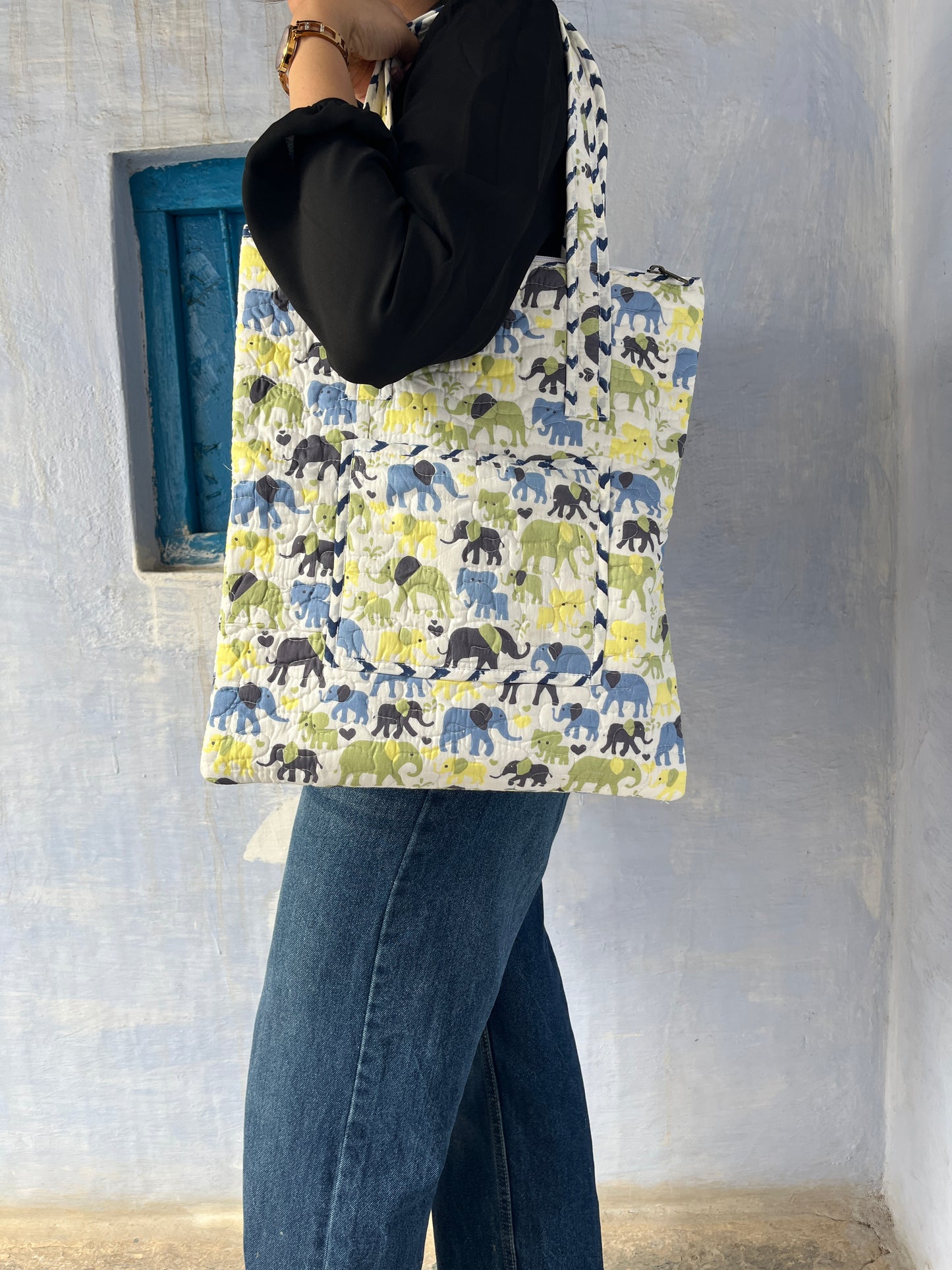Elephant Vertical Cotton Quilted Tote Bag