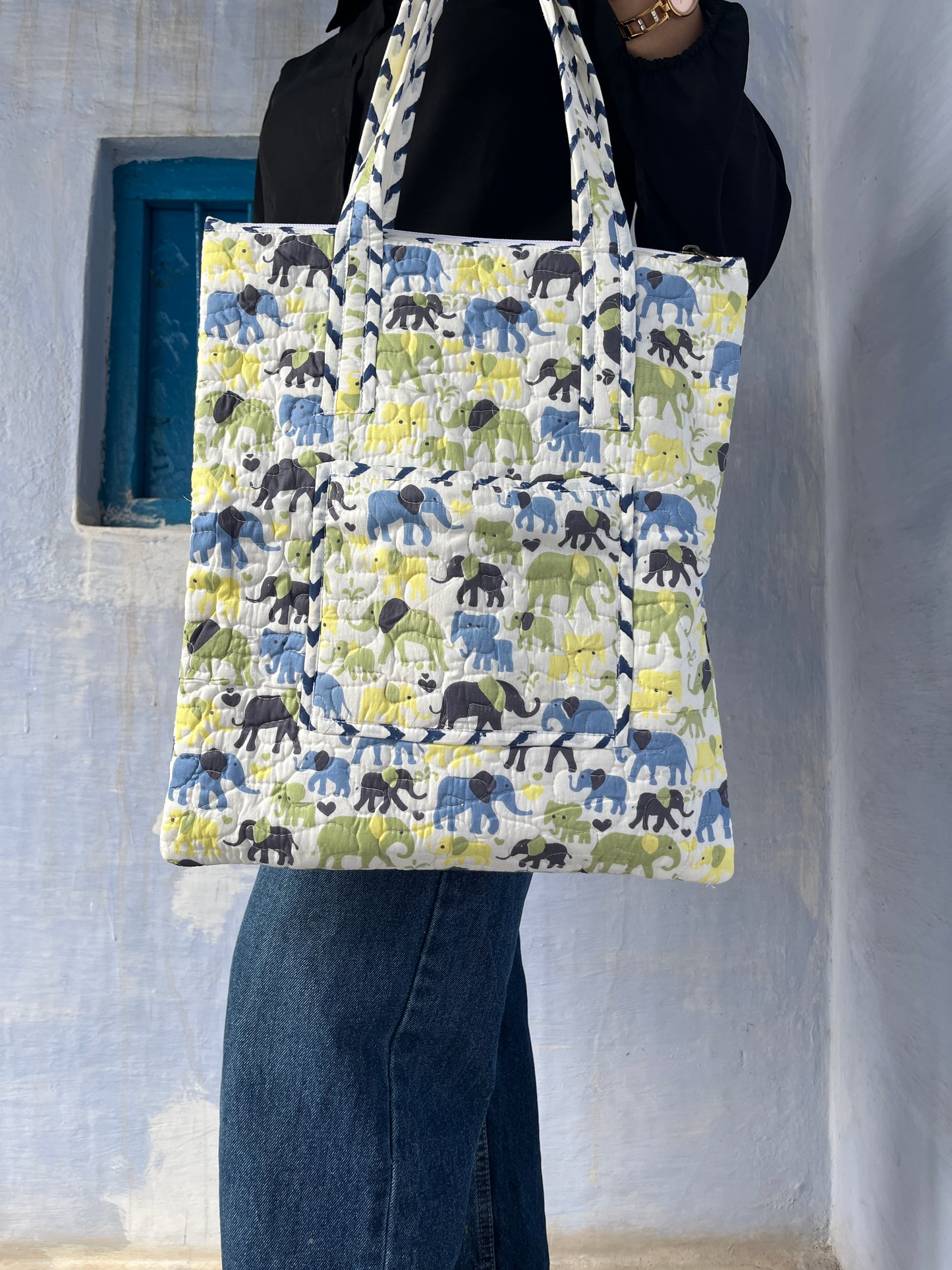Elephant Vertical Cotton Quilted Tote Bag