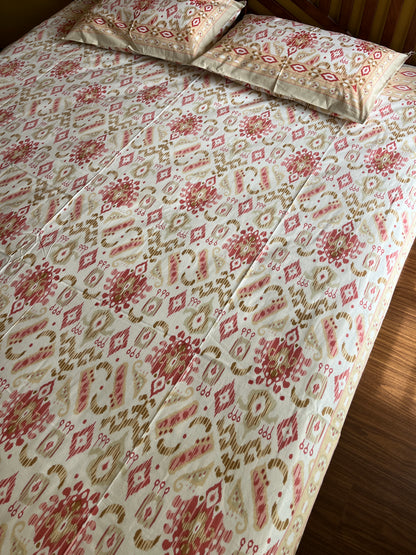 Red Ikat Cotton Queen Size Bedsheet with 2 Pillow Covers (90”*108”)
