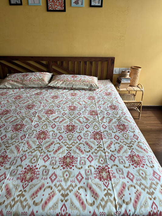 Red Ikat Cotton Queen Size Bedsheet with 2 Pillow Covers (90”*108”)