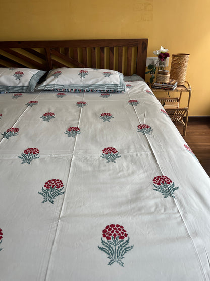 Rosette HandBlock King Size Bedsheet with 2 Pillow Covers (108”*108”)