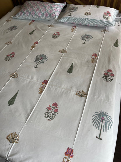 Verdant Blooms HandBlock King Size Bedsheet Set with 2 Pillow Covers (108”*108”)