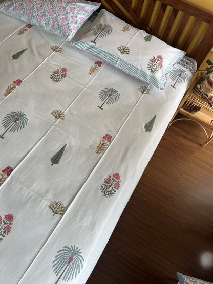 Verdant Blooms HandBlock King Size Bedsheet Set with 2 Pillow Covers (108”*108”)